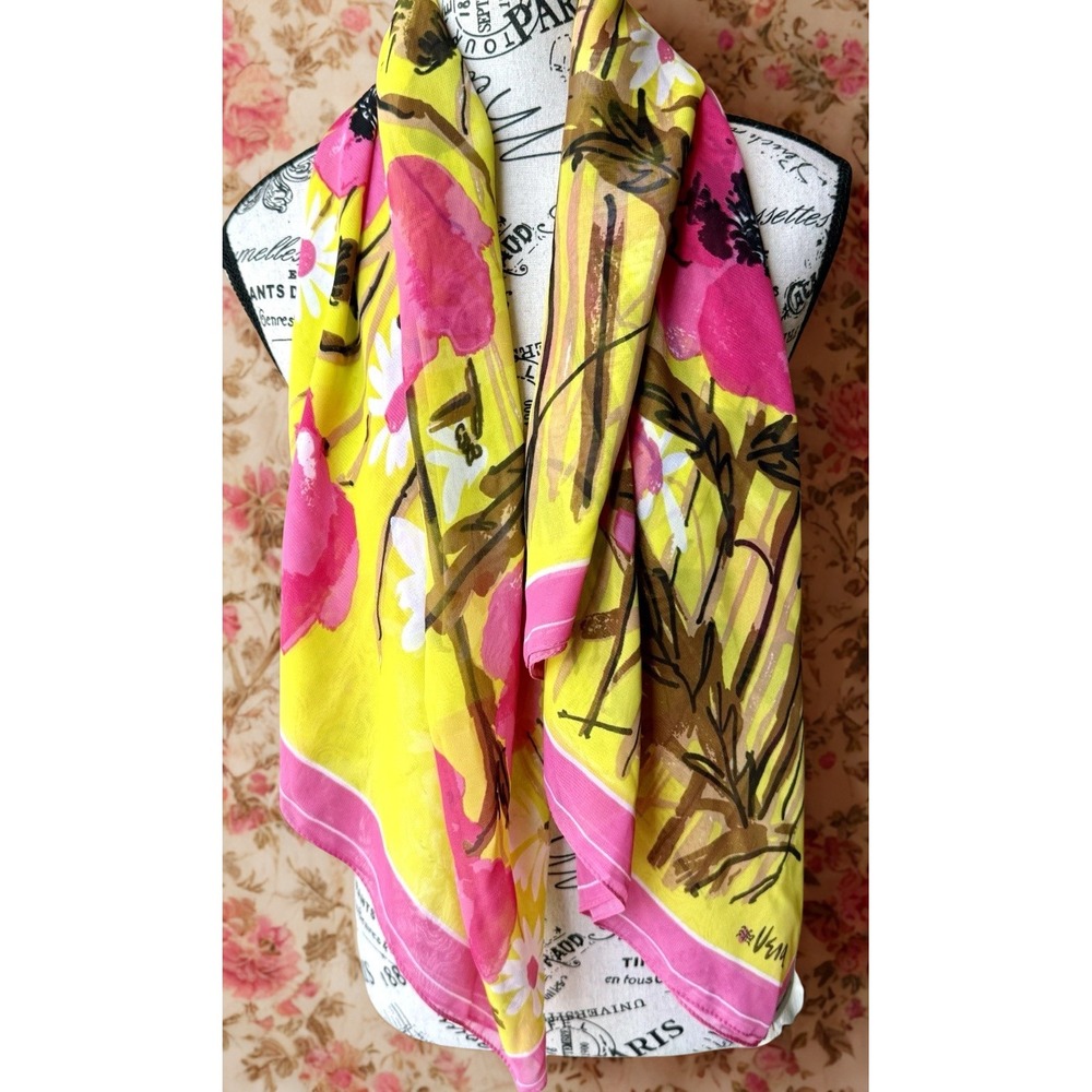 Vintage Vera Neumann Mod Floral Scarf - Large 43" - Pink & Yellow Poppies Daises